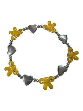 Yellow Enamel Bow & Silver Heart Charm Stretch Bracelet 6-Inch Fit Lightweight J